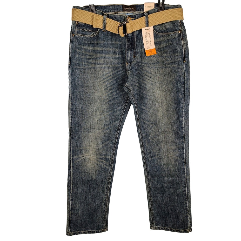 NWT No Boundaries Mens 36x30 Slim Straight Belted Jeans Blue Khaki Gorpcore